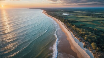 Poster - serene aerial view of coastal landscape with golden beach and gentle waves under a colorful sunset s