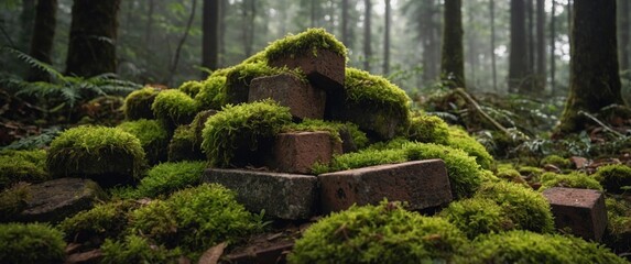 Poster - Moss-covered bricks in a serene forest setting creating a tranquil nature scene with lush greenery and soft forest light.