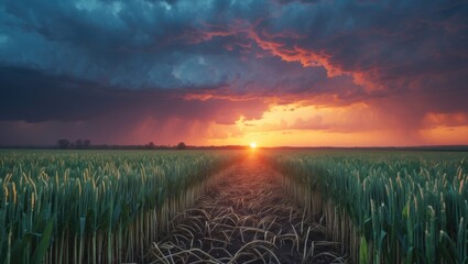 Wall Mural - Vibrant sunset over a wheat field under dramatic stormy skies with rich colors and ample space for creative text placement.