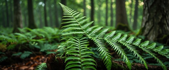 Poster - Close up view of a lush green fern leaf in a serene forest setting surrounded by vibrant foliage and soft natural light