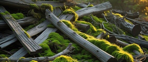 Poster - Weathered wooden logs covered in vibrant green moss creating a rustic natural scene full of texture and organic beauty