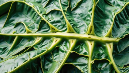 Poster - Detailed close-up of a green papaya leaf showcasing intricate textures and jagged outlines capturing the beauty of nature's design.