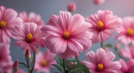 Poster - Delicate pink flowers with vibrant yellow centers against a soft background ideal for adding text or branding messages.