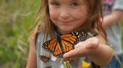 Canvas Print - Young girl gently holding a vibrant butterfly in a lush green field, with another child playing in the background