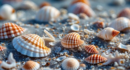 Poster - close-up of beach treasure capturing seashells and coral fragments creating a beautiful natural mosa