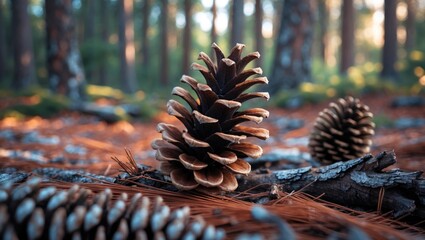Poster - Detailed close-up of a pine cone nestled in a serene forest setting surrounded by pine needles and soft sunlight filtering through trees.
