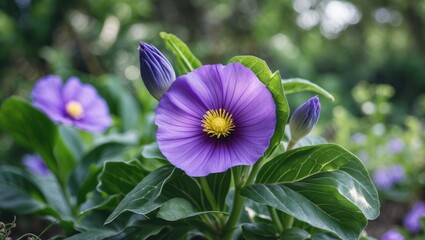 Wall Mural - Vibrant close-up of a purple flower with yellow center surrounded by green leaves, ideal for themes of nature, gardening, and floral design.