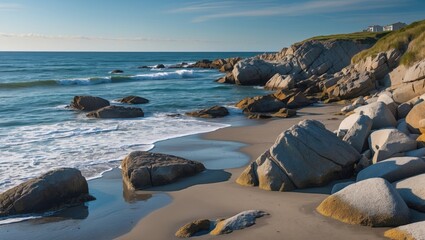 Poster - serene atlantic coast beach with smooth rocks and gentle ocean waves under a clear skyã€‚
