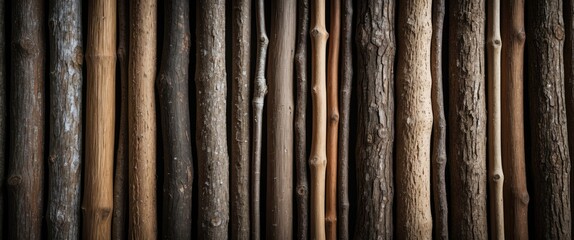 Poster - Vertical arrangement of varied wooden sticks showcasing natural textures and colors ideal for rustic design and nature-themed projects