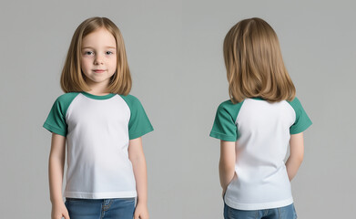 Wall Mural - girl wearing a white and green short-sleeve raglan t-shirt mockup front and back used as a design template