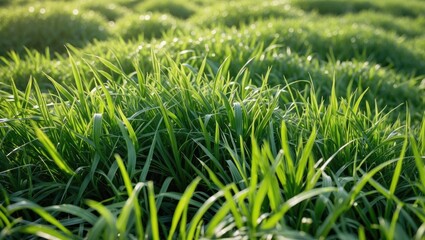 Wall Mural - Lush green grass illuminated by sunlight creating a serene and natural landscape in a close-up view showcasing nature's beauty.