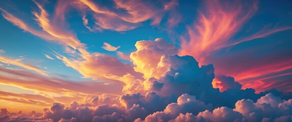 Poster - Vibrant sky at twilight showcasing a stunning blend of gold, pink, and blue clouds illuminating a serene evening and morning atmosphere.