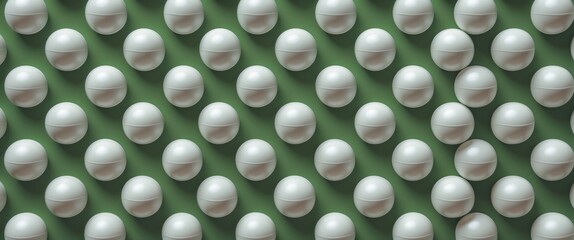 Poster - Pattern of white ping pong balls arranged in rows on a green background suitable for sport-related designs or backgrounds.
