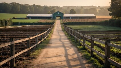 Poster - Scenic Farm Landscape with Quiet Walkway Leading to Barn Surrounded by Lush Fields and Fencing in Soft Morning Light