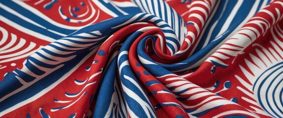 Poster - Colorful Sorei fabric featuring a vibrant spiral pattern in red, blue, and white ideal for textiles and design projects.