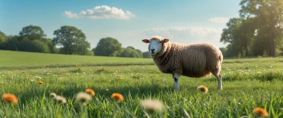 Wall Mural - sheep grazing in a lush summer field with clear sky and space for text overlay.