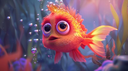 Wall Mural - A vibrant orange fish with large expressive eyes swims through colorful underwater vegetation, surrounded by bubbles