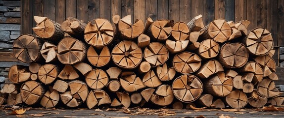 Poster - Stacked firewood logs prepared for winter heating in a rustic setting, showcasing natural wood textures and warm tones.