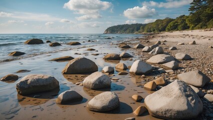 Poster - tranquil beach scene with rocks on the shoreline and expansive copy space for text or advertisements