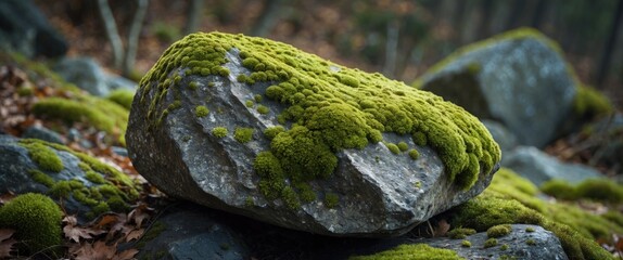 Poster - Mossy rock in serene forest setting showcasing nature's textures and vibrant green hues amidst earthy tones and natural surroundings