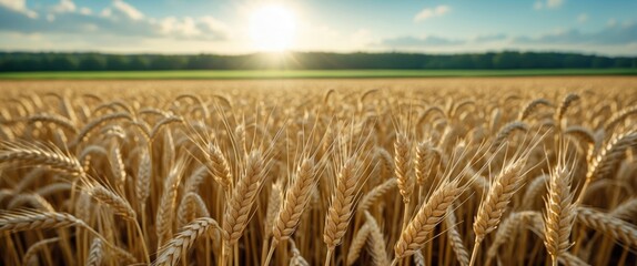 Wall Mural - golden wheat field under bright sunlight with forest horizon and clear sky ideal for agricultural ba