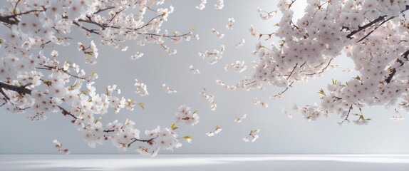 Canvas Print - Spring cherry blossoms in delicate levitation, softly floating against a serene white background, capturing the essence of nature's beauty.