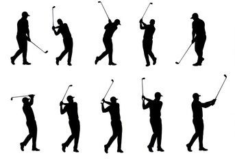 golf silhouettes, black and white, minimalist, sequence of golf swings, golf poses, sport illustration, dynamic movement, athletic figures,