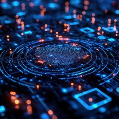 Fototapete - Abstract Digital Representation of Data Flows and Glowing Particles in Vibrant Blue and Orange Colors