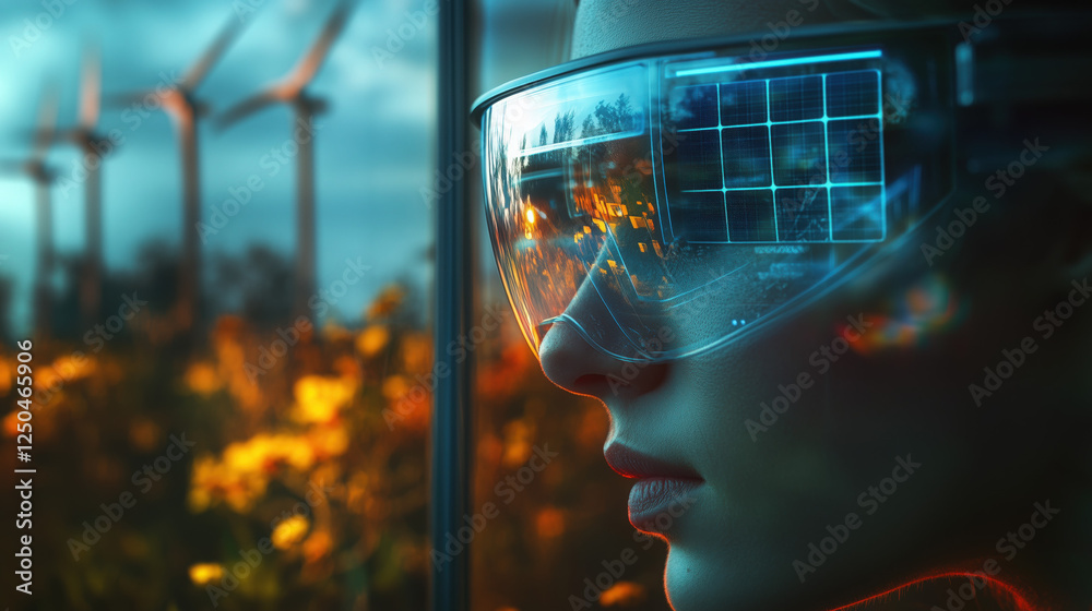 A young engineer wearing AR glasses, designing a smart sustainable ...