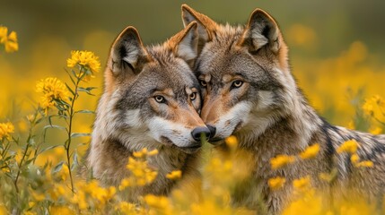 Intimate connection two wolves embrace in golden hour glow