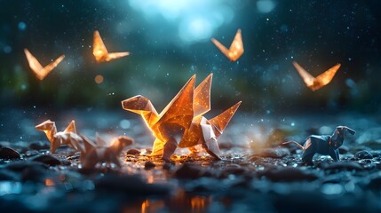 Poster - Mystical Butterfly Transformation in Surreal Digital Landscape   Glowing butterflies emerge from the shadows of a dark otherworldly environment casting a dreamlike ethereal glow
