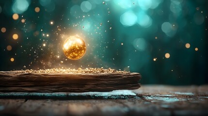Poster - Glowing golden disco ball reflecting a shower of shimmering sparkling lights on a magical dreamlike teal background with a festive ethereal atmosphere