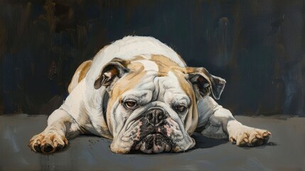 Wall Mural - A relaxed bulldog lying on a dark surface, showcasing its unique features and calm demeanor, perfect for pet lovers