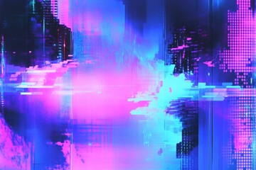 Poster - Vibrant Glitch Art Background Featuring Pink and Blue Tones with Abstract Digital Elements for Creative Projects and Design Applications