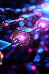 Fototapete - Close-up View of Interconnected Metallic Chains Emitting Vibrant Neon Light in a Digital Atmosphere