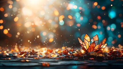 Poster - Autumn Enchantment   Glowing fall foliage vibrant leaves and shimmering sparkling bokeh lights create a magical ethereal atmosphere of warmth beauty and tranquility  An enchanting