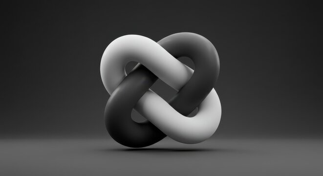 3D icon, minimalist design, interlocking circular knot, black and white, soft lighting, subtle gradient background, rounded edges, mobile app icon style, clean