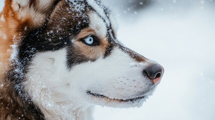 Wall Mural - close-up of a majestic husky in winter wonderland with snowflakes