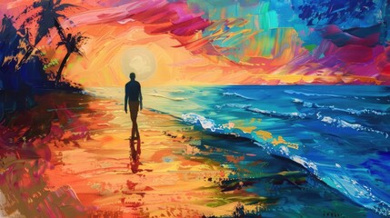 Wall Mural - Vibrant sunset beach scene with a silhouetted figure walking along the shore, palm trees framing the colorful sky