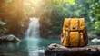 © Heng Heng - AI Stock - Tranquil Waterfall Backdrop with Backpack   and Outdoor Gear Concept  Serene landscape with a flowing waterfall lush greenery and a backpack resting on a rock