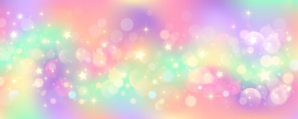Wall Mural - rainbow pastel sky background. pink unicorn magic galaxy with glitter. cute kawaii holographic wallp