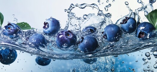 Poster - Fresh blueberries splashing in water creating dynamic and vibrant scene, copy space for text