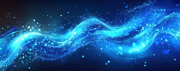 Poster - abstract blue wave with glowing particles and light effects for digital backgrounds, copy space for 