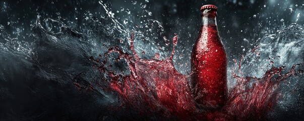 Poster - Red bottle splashing in water creating dynamic visual effects and vibrant colors, copy space for text
