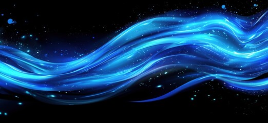 Poster - blue glowing waves with sparkling effects on black background for digital design, copy space for tex