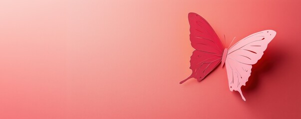 Poster - Pink paper butterfly on coral background showcasing delicate design and color contrast, copy space for text