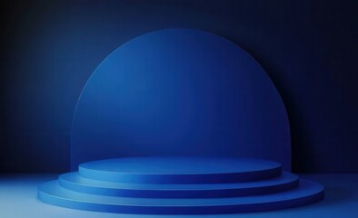 Poster - Blue circular podium, three tiered display, dark background, studio.