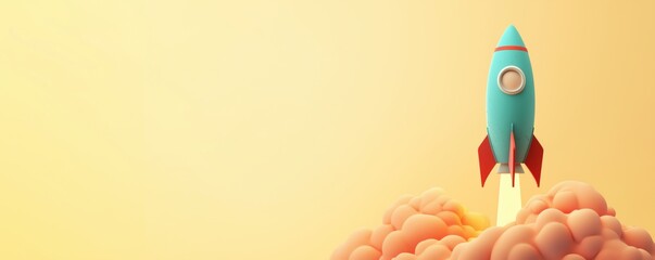 Poster - rocket launching into the sky with colorful clouds and warm background, copy space for text