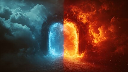 Aufkleber - Ominous Split Door Showing One Side Cold Blue and Other Side Fiery Red Surrounded by Dramatic Clouds and Illumination Effects