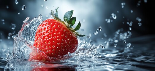 Poster - Fresh strawberry splashing in water with droplets creating dynamic visual effect, copy space for text